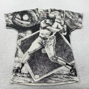 Vintage 90s Baseball Batter All Over Print T Shirt Fruit of the Loom Mens Single